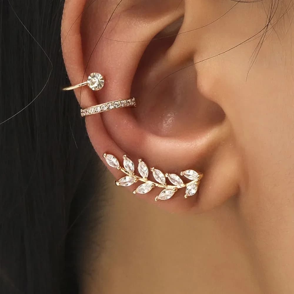 3 pezzi Set fascino temperamento scintillante zirconi intarsiati foglia fiore girasole orecchini senza piercing all'orecchio clip per l'orecchio per gioielli da donna