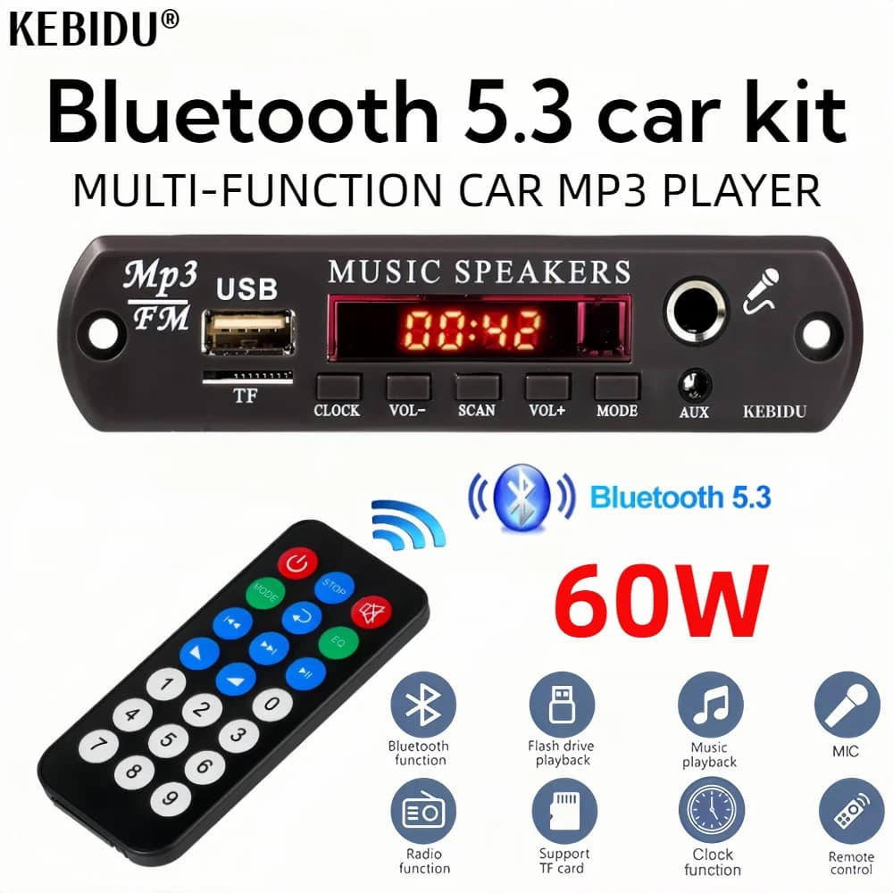 DC 12V Bluetooth 5.3 MP3 APE Scheda di decodifica 30W 60W Amplificatore 6.5mm Microfono Orologio Visualizzazione dell'ora USB TF FM AUX Lettore musicale per auto