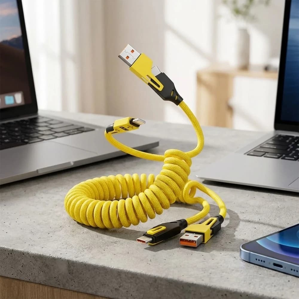 Cavo Dati Telescopico 4 in 1 da 65W 6A con Molla, Cavo USB Type-C per Ricarica Rapida, Cavo Multi-ricarica Veloce e Sincronizzazione per Smartphone