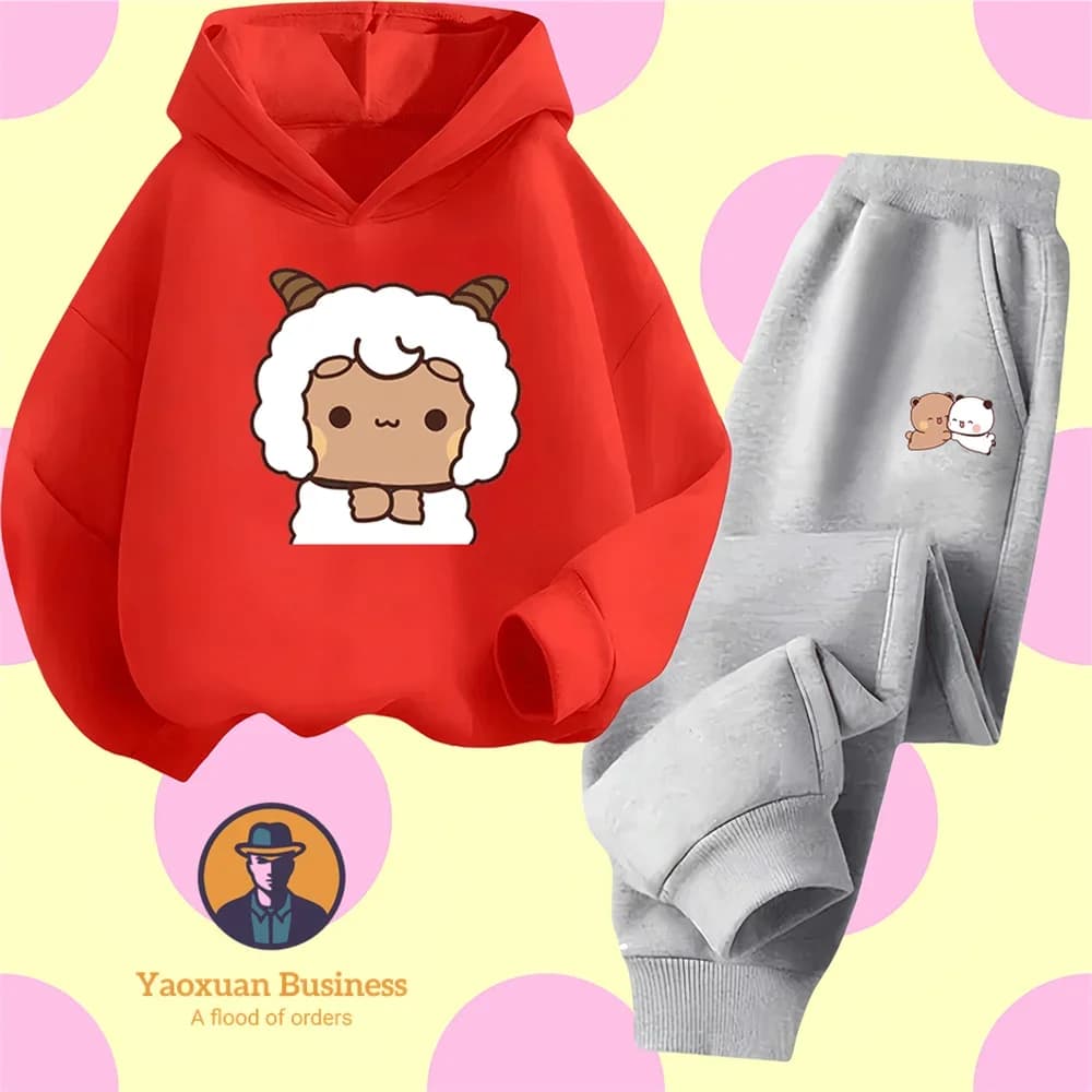 Set Felpa con Cappuccio in Puro Cotone con Stampa Anime Classica Bubu e Dudu 2026, Tuta Casual Calda per Bambini Autunno Inverno