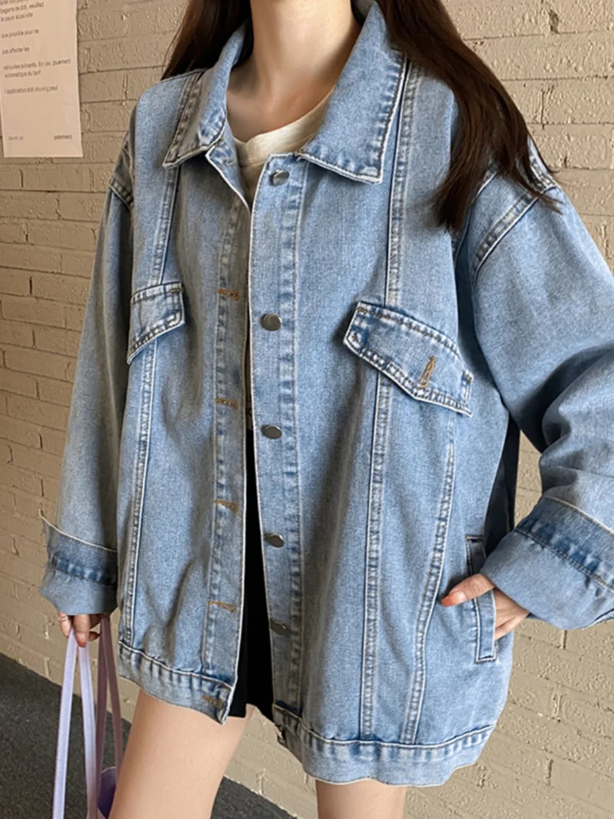 Women's Denim Jacket Spring Autumn Loose Fit Vintage Long Sleeve Casual Student Style Cotton Jeans Material Collar Butto...