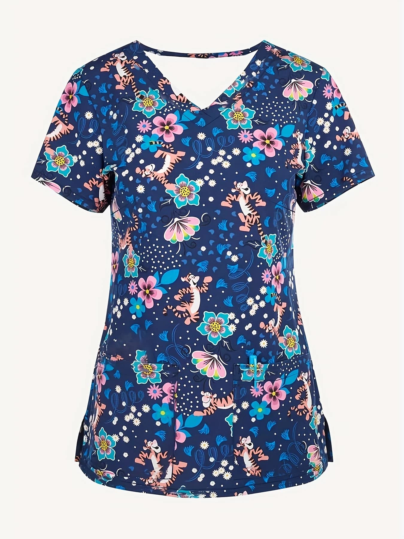 Clinical Uniform Woman Floral Print V-Neck Stretchy Sanitary Dental Uniform Short Sleeve Top Wholesal Medico Nurse Uniform Woman