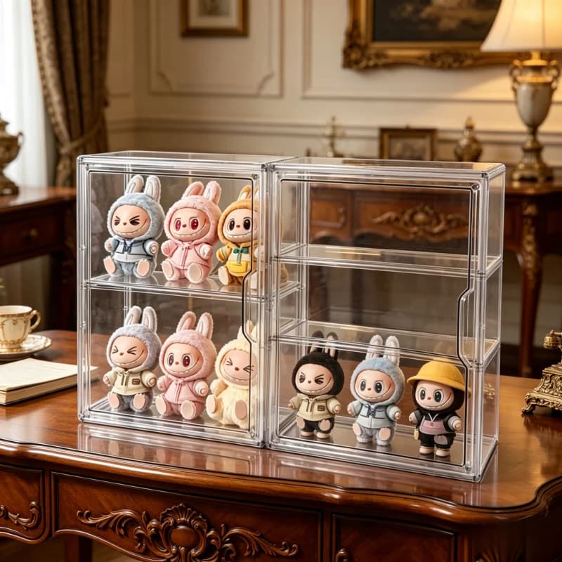 Espositore Antipolvere in Acrilico Trasparente, Layout a 3 Livelli e 2 Scomparti, Elegante Organizzazione da Scrivania per Action Figure e Blind Box