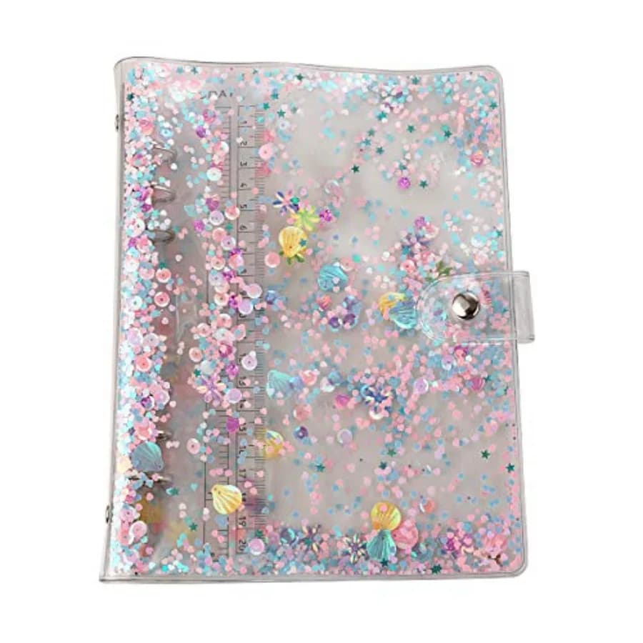 A5 6-Ring Loose Leaf Binder Cover PVC Glitter A5 Planner Cover Notebook Binder Refillable Notebook Shell 6.7"x9.2" for Round-Ri