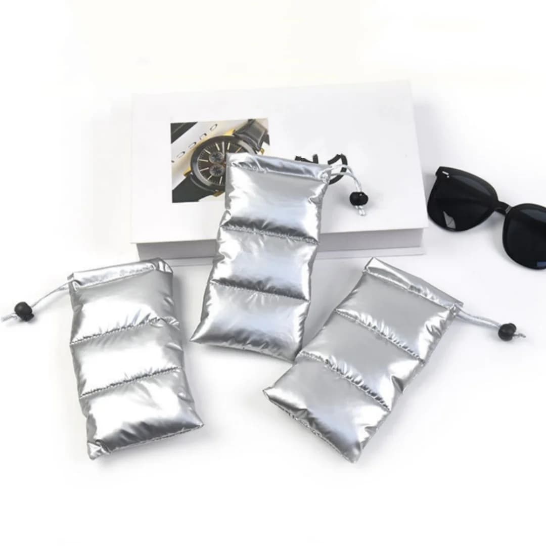Borsa per occhiali in argento, borsa per occhiali da sole con coulisse, borsa per riporre gioielli, borsa per trucco portatile per rossetto