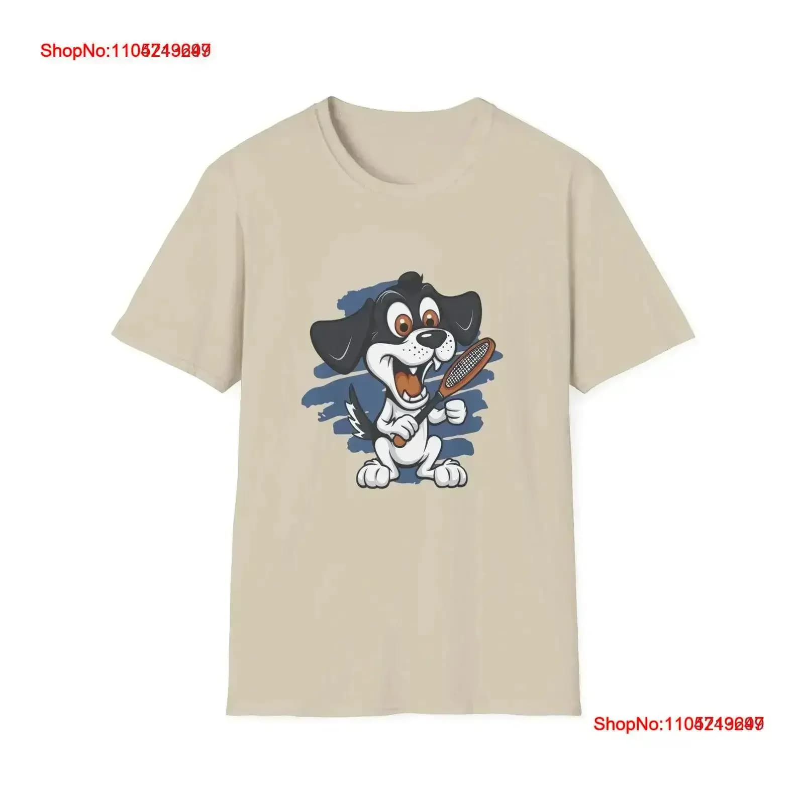 Funny dog with tennis rack T-shirt Cartoon playing vintage design elegant elongated casual slightly versatile vintage