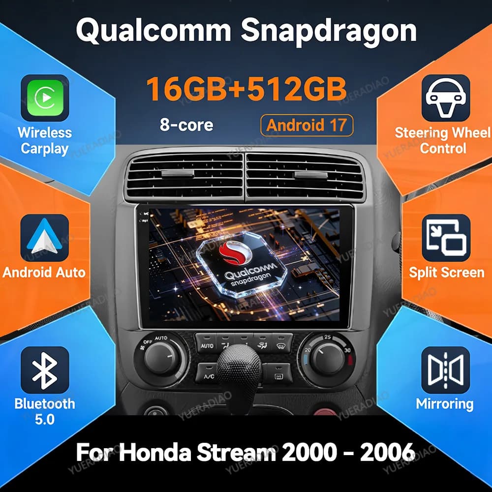 Android 17 Car Radio For Honda Stream 1 2000 - 2006 Qualcomm 2DIN GPS NAVI Head Unit Multimedia Stereo Video Player QLED 4G WIFI
