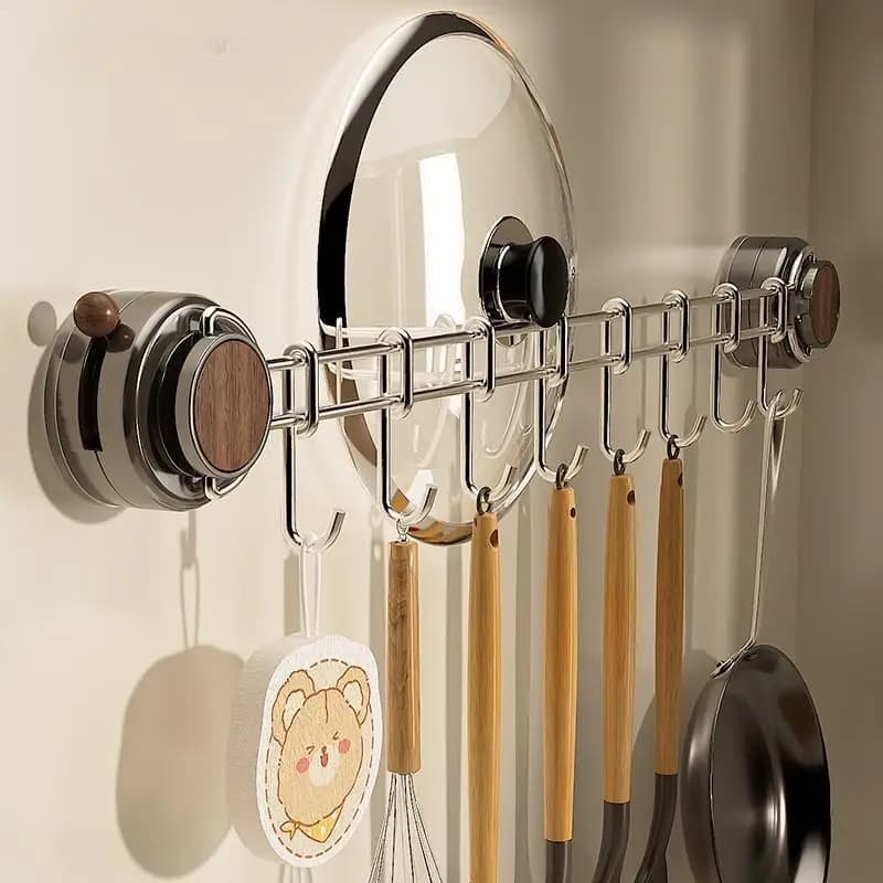 Gancio da cucina LMM con ventosa, senza foratura, porta cucchiai, spatole e coperchi a fila singola