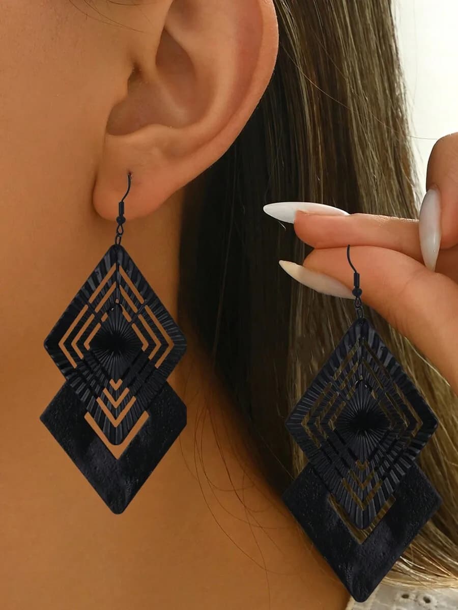Black Geometric Diamond Shape Drop Earrings For Women Fashion Statement Jewelry