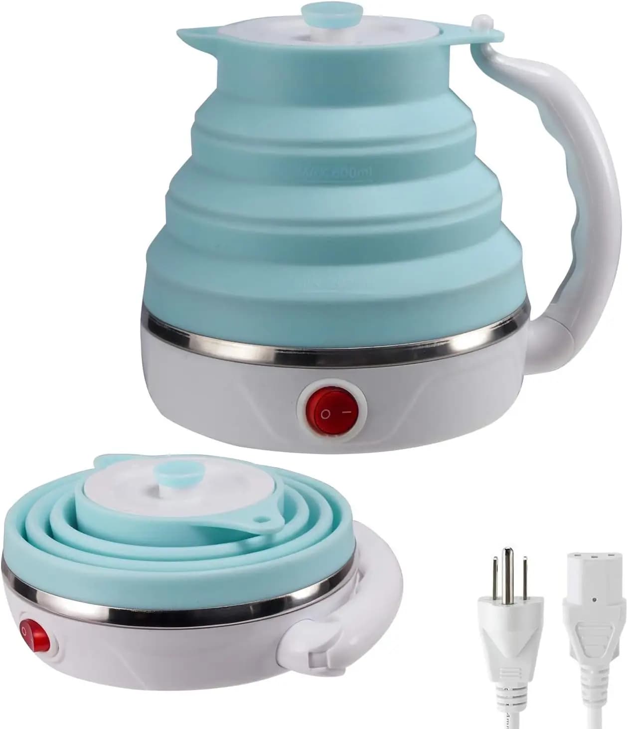 Foldable Electric Travel Kettle, Reachable Silicone Pot with Double Voltage to Boil Water (600ml, Blue)