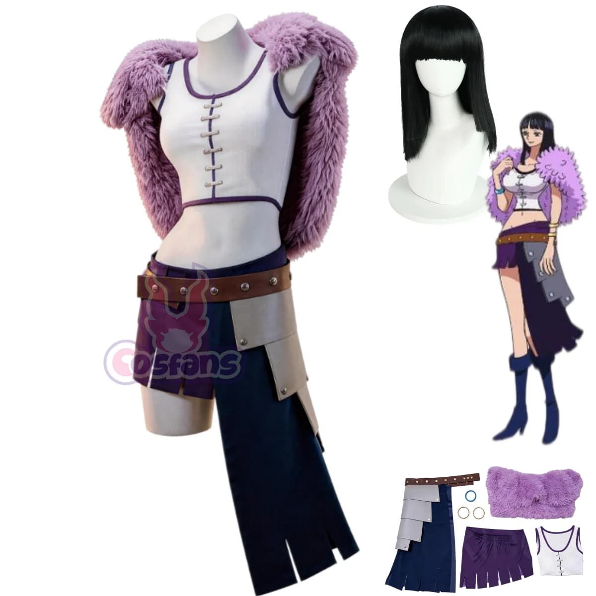 Costume Cosplay Anime Miss All Sunday Nico Robin, Cappotto Viola in Peluche, Gonna, Parrucca, Completo Sexy per Donna Adulta, Carnevale e Halloween