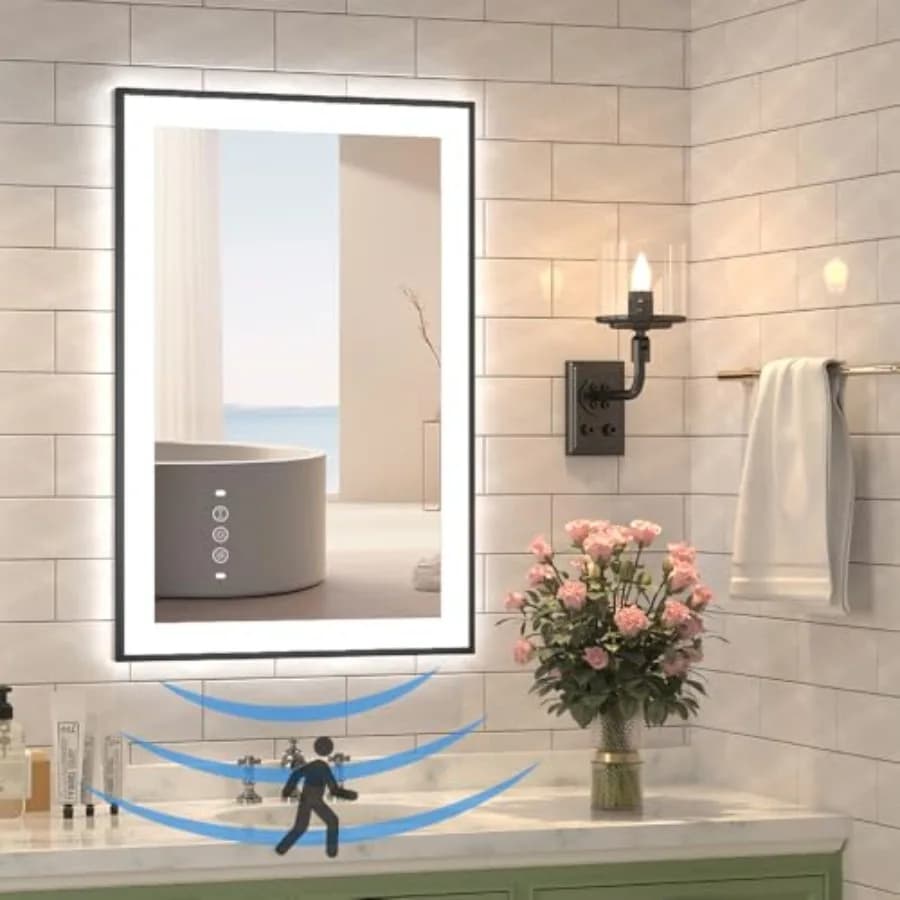 Specchio da bagno a LED da 20 x 28 pollici con luci, specchi retroilluminati e illuminati frontalmente per montaggio a parete nel bagno, decorazione con cornice in alluminio nero, A