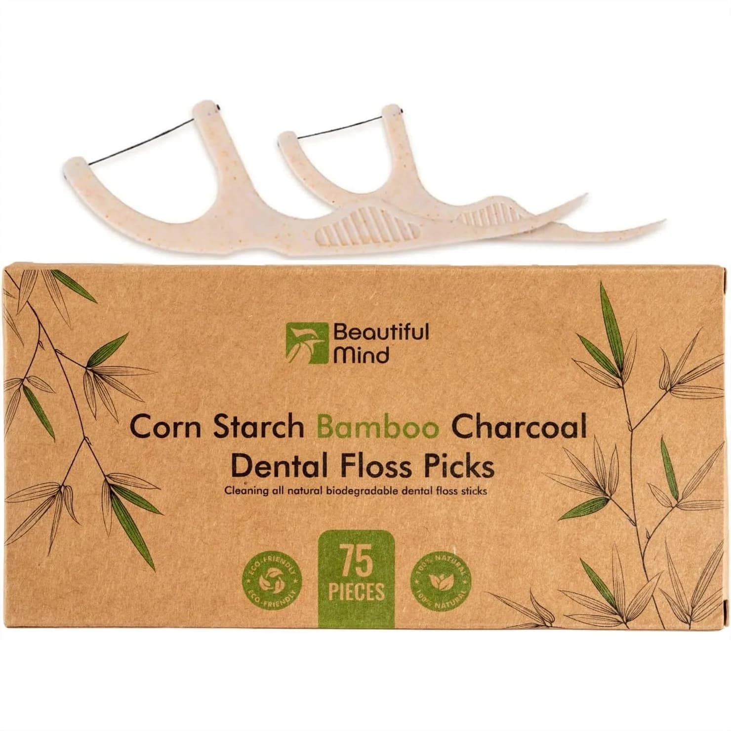 Natural Dental Floss Picks 75 Pack – Biodegradable Floss Sticks with Bamboo Charcoal Thread & Cornstarch Handle