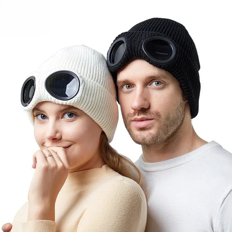 Cappello lavorato a maglia unisex da uomo e da donna con occhiali antivento scaldacollo invernale berretti da sci protezione per le orecchie morbida e calda antiscivolo