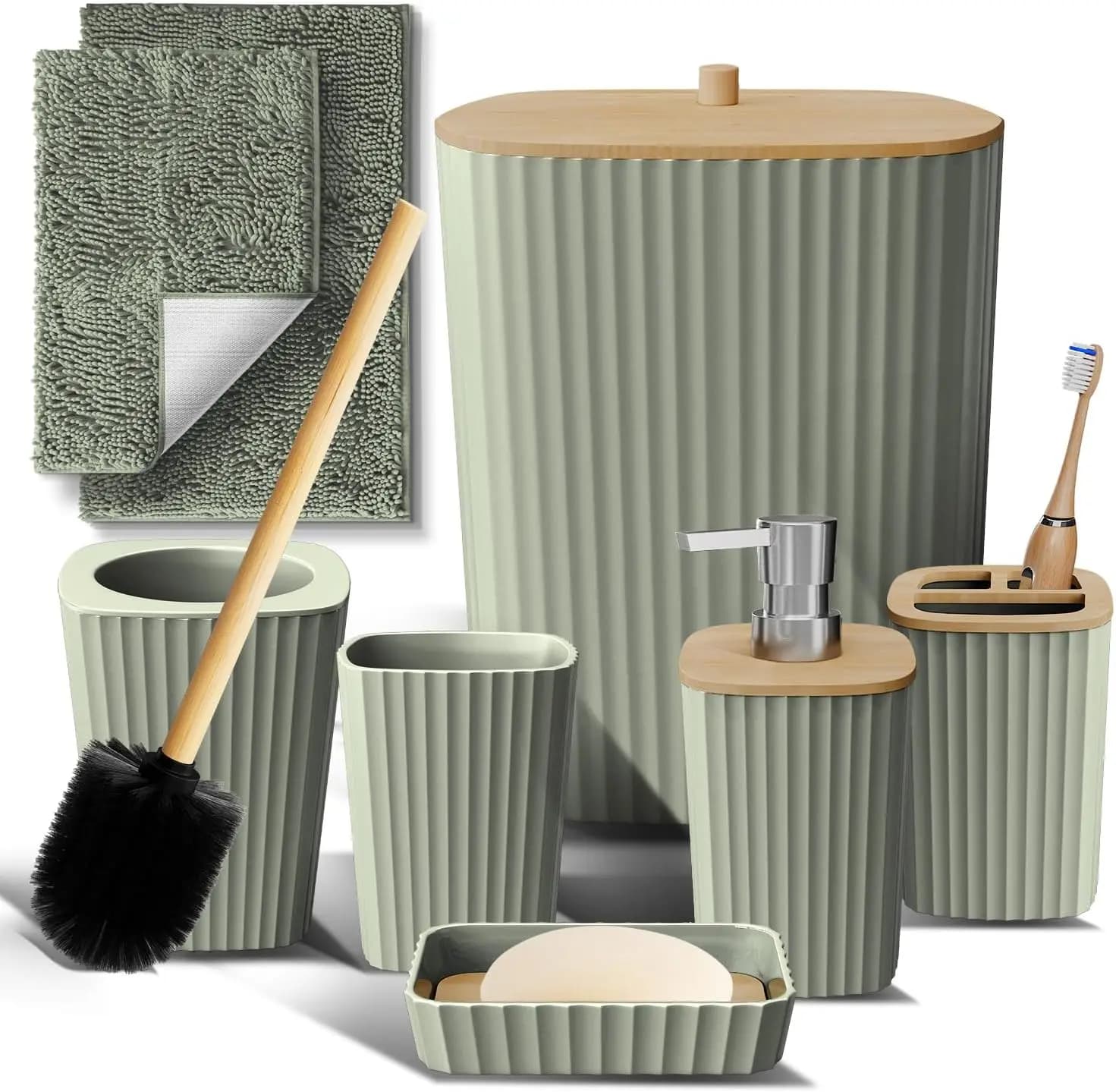 Set di Accessori per Bagno Verde Salvia, 6 Pezzi con Tappetini, Spazzola per WC, Cestino e Dispenser Sapone