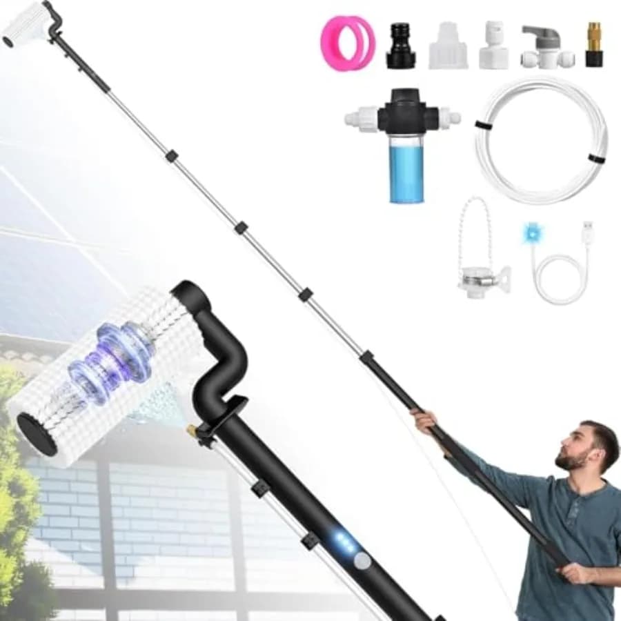 Brush kit for cleaning solar panels for outdoor use, aluminium rod, black/grey, extendable up to 20 feet with 2 speed motor and integrated system.