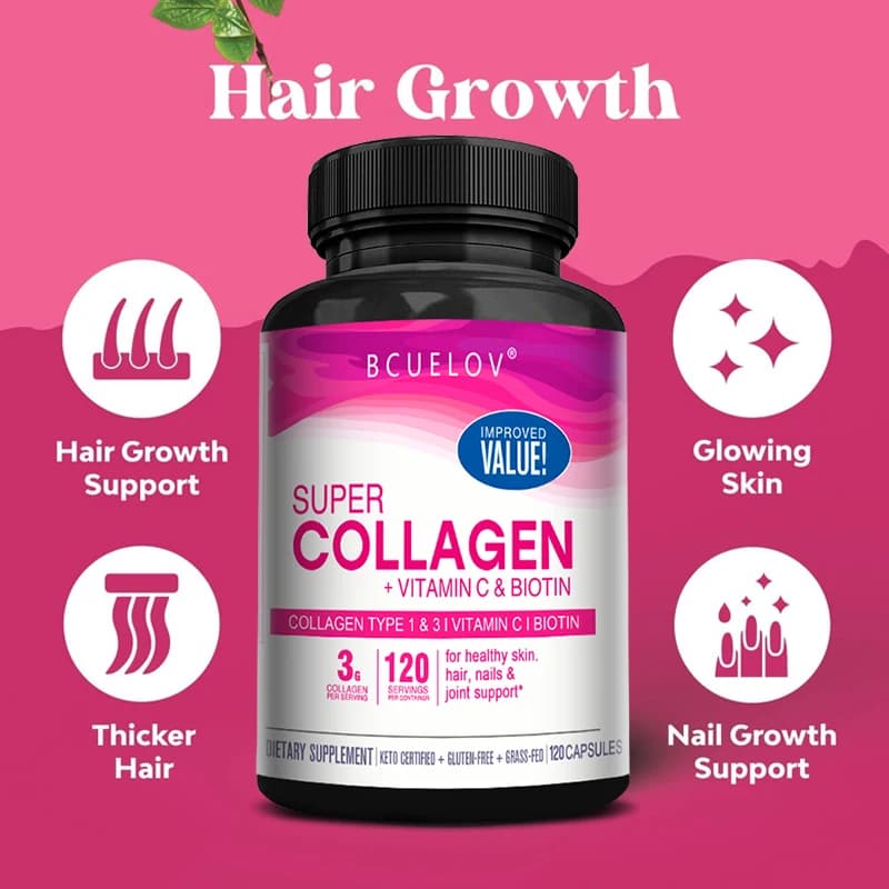 Collagen capsules with vitamin C and biotin, antioxidant, joint support, hair, nails, skin care, health, promotes calcium absorption