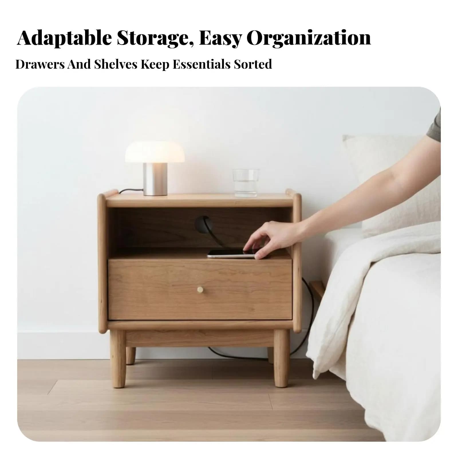 Comodino con cassetto in rattan, design nordico, mobiletto da comodino con cassetto in rattan, estetica minimalista, gambe in legno robuste per casa e ufficio