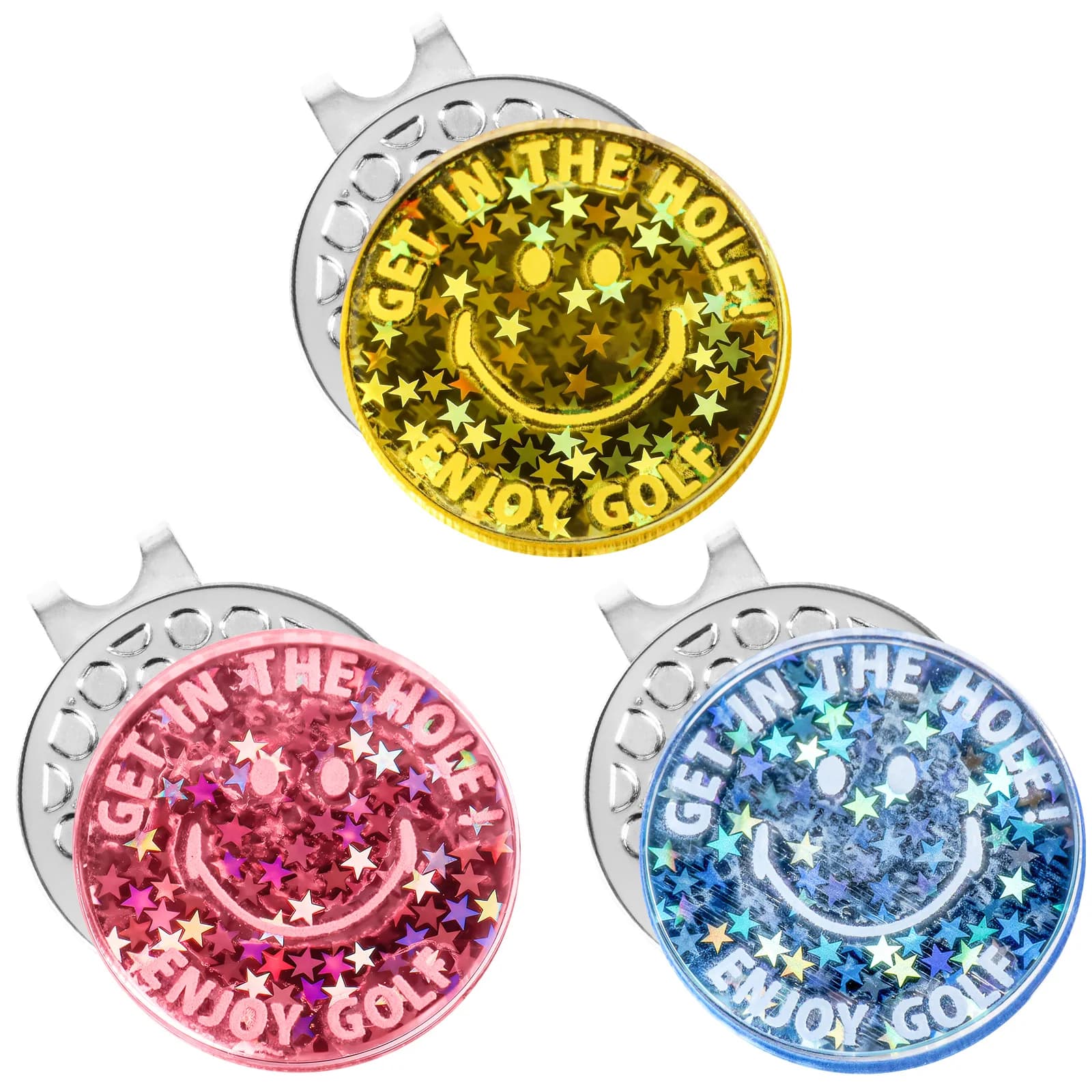 Confezione da 3 marcatori per palline da golf in acrilico e clip magnetiche per cappello, design glitterato per donne e uomini