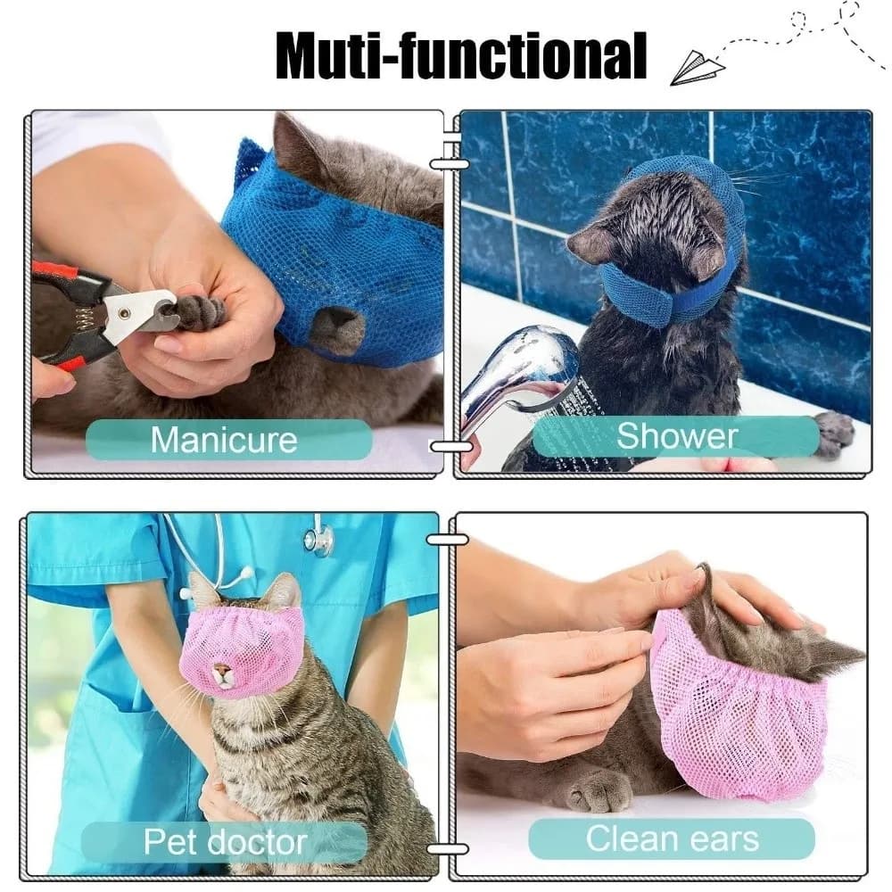 Maschera per gatti e cuccioli in rete, regolabile e lavabile, traspirante e confortevole, per toelettatura e taglio unghie