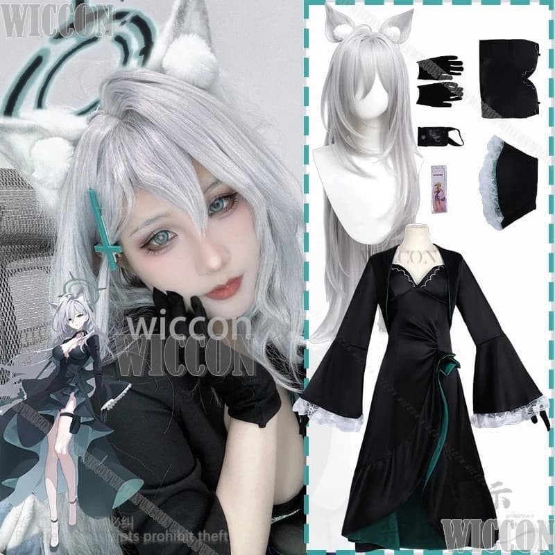 Gioco Blu Archivio Cosplay Sunaokami Shiroko Costume Abito da sera nero Parrucca Lolita gotica sexy Orecchio peloso Carnevale personalizzato