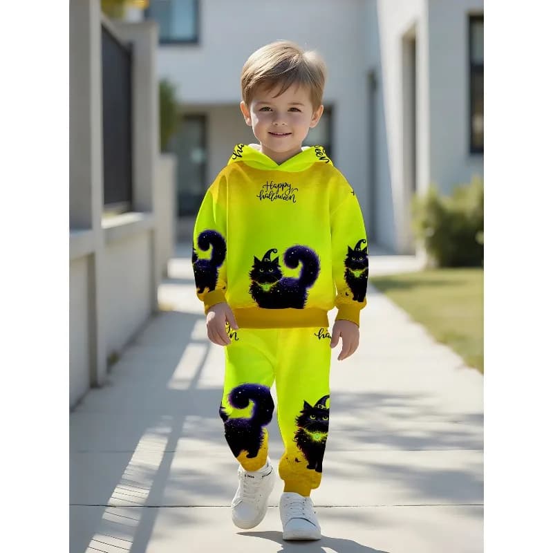 Boys Hoodie Jogger Set: Halloween Black Cat Graphic, Pumpkin Graffiti Print, Trick or Treat Drip Letter Kids Tracksuit