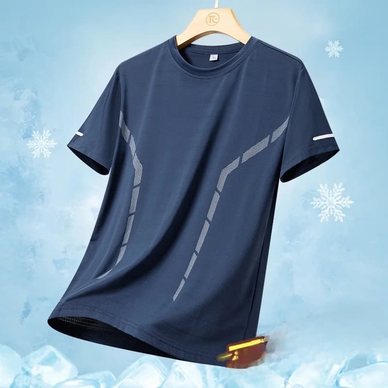 Men's Ice Silk Slim Fit Short Sleeve T-Shirt Summer New Style Thin Beach Casual Wear Breathable Mesh round Neck Polyester Fiber