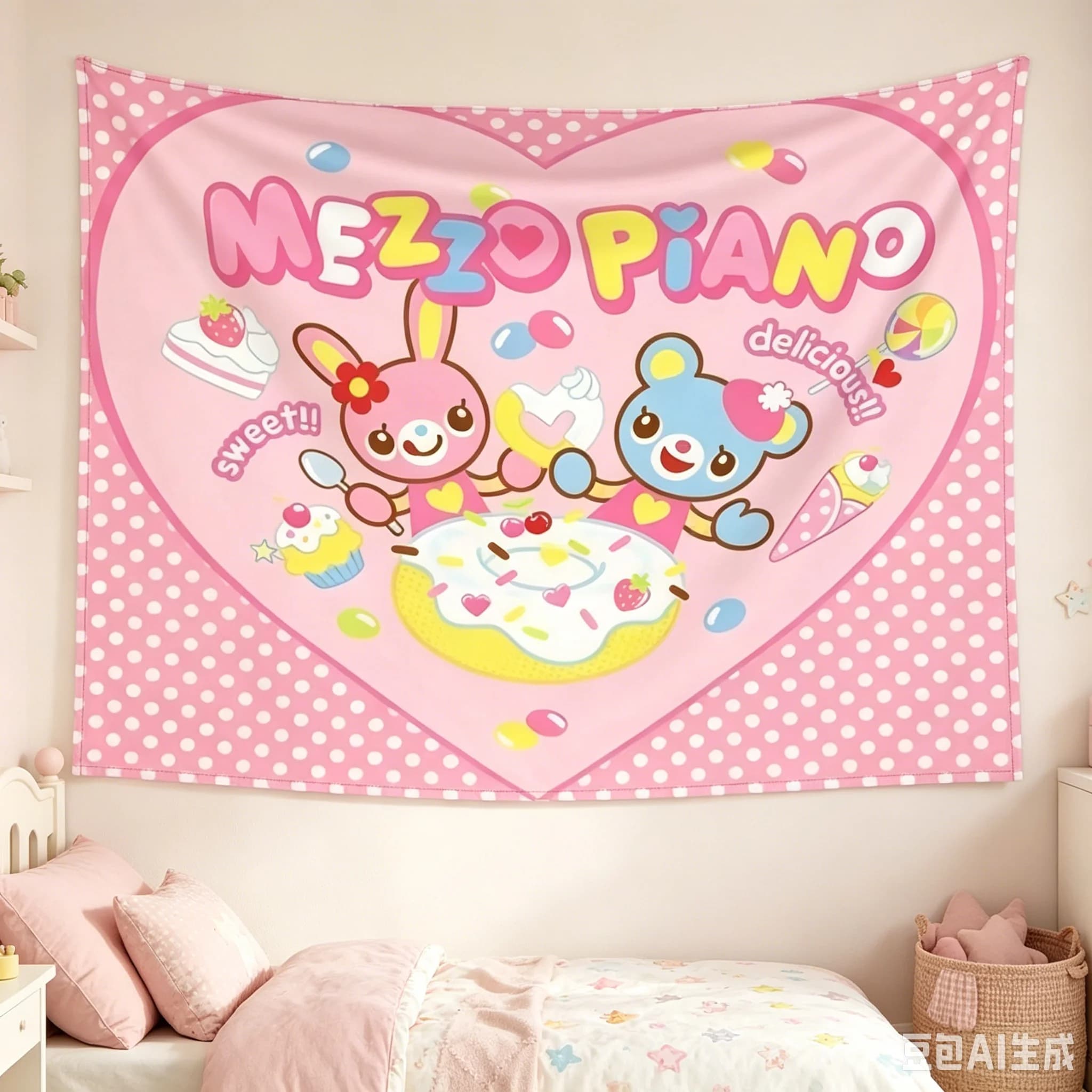 1pc Kawaii Wall Hanging, Premium Polyester 2D Flat Print, Pastel Decorative Tapestry for Bedroom & Nursery, Gift for Kawaii Lov