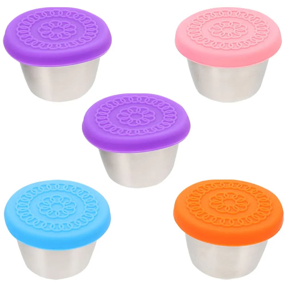 Set di 5 Coppette per Salse in Acciaio Inox con Coperchi in Silicone, Contenitori Ermetici per Condimenti, Ideali per Pranzo, Preparazione Pasti, Salse per Insalata