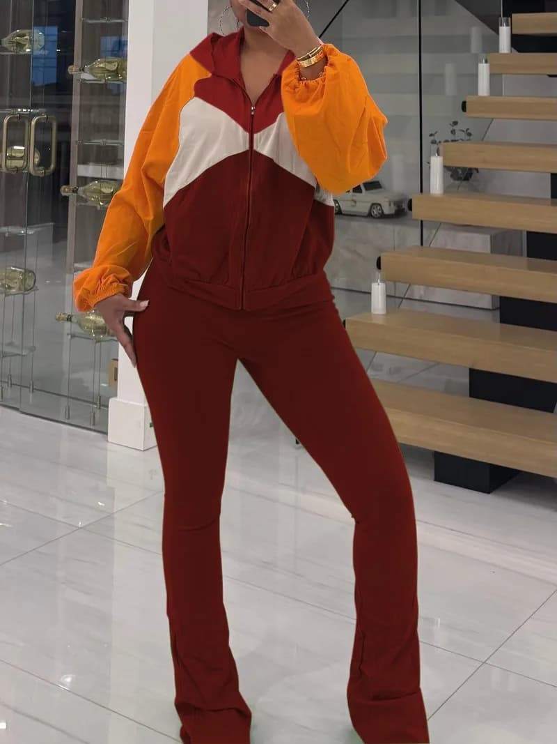 Women Casual 2 Piece Set Contrast Color Tracksuits Zip-up Long Sleeve Hooded Sweatshirts + Flare Pants Fashion Sporty Suits