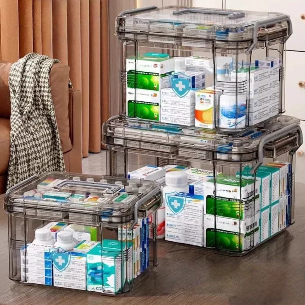 Scatola portaoggetti trasparente per medicinali con vassoio, scatola di pronto soccorso in plastica vuota, contenitore per medicinali addensato