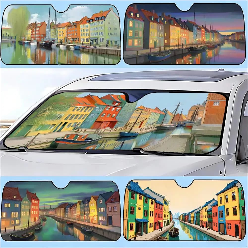Parasole per auto, copertura protettiva per parabrezza anteriore, visiera solare per auto, protezione UV Colorful Houses Copenhagen