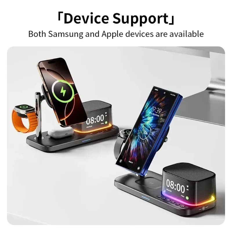 Caricatore Wireless 4 in 1 da Comodino con Altoparlante Bluetooth, Orologio e Luce RGB per iPhone 17 16 15 14 Pro Max, Apple Watch, AirPods