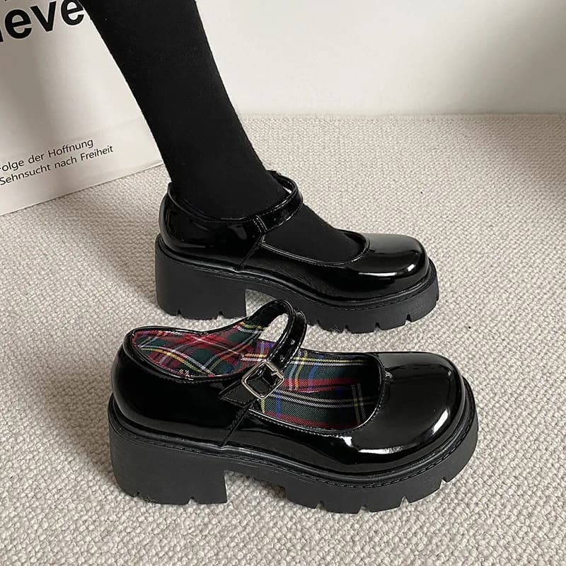 Mary Jane Shoes with Platform Heel, Lolita Style, Black, for Student, with Medium Heel, Women's Shoes