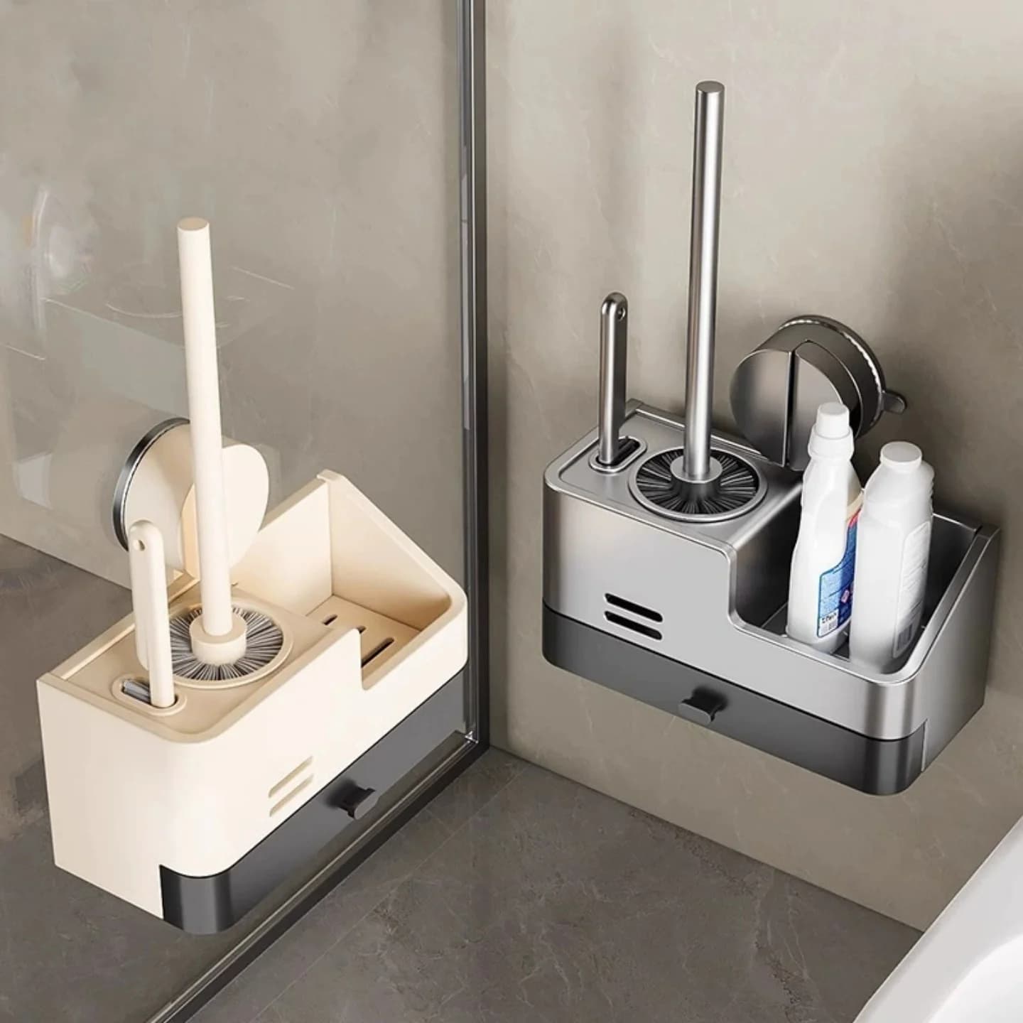 Spazzola per WC con ventosa, portaoggetti da parete per bagno, strumento per la pulizia del WC, testina in ABS, nessuna perforazione richiesta