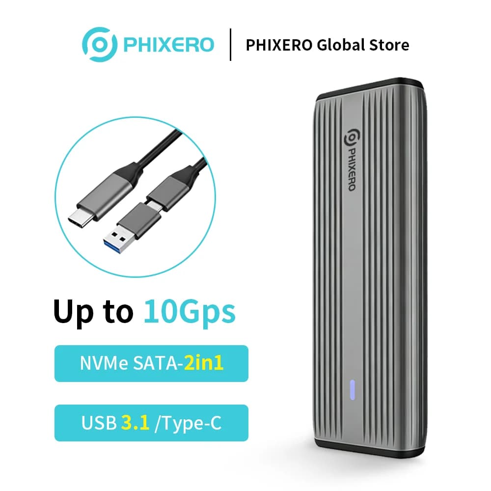 PHIXERO M.2 NVMe SSD Custodia Dual Portocol NVMe a USB Adattatore SATA 5Gbps USB 3.1 Gen2 USB C Custodia esterna Scatola in lega di alluminio