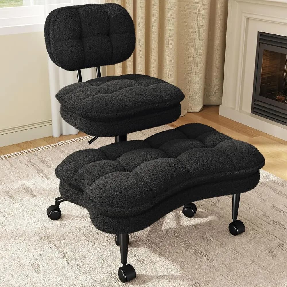 Sedia da ufficio ergonomica con ruote, altezza regolabile, sedile imbottito, tessuto Teddy nero