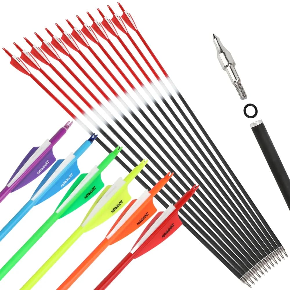 6/12pcs Spine 500 Freccia in carbonio misto 30 pollici Colore Freccia Albero 100Grain Punta di freccia Paletta di gomma Arco Caccia Tiro Bersaglio Freccia