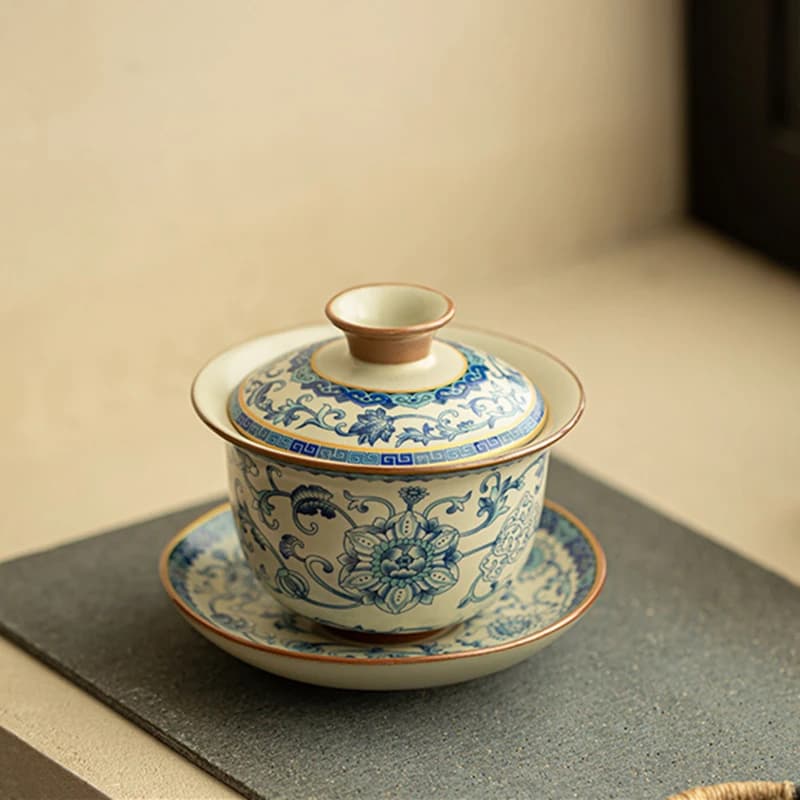 140ml Chinese Tradition Ru Kiln Ceramic Gaiwan Handmade Flower Tea Tureen Portable Tea Bowl Master Teacup Household Teaware