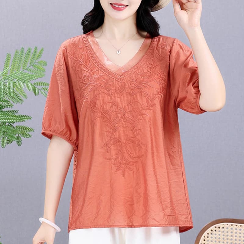 Maglietta elastica estiva in cotone solido canapa abbigliamento donna manica corta con scollo a v Plus Size ricamo Retro allentato Versatile top