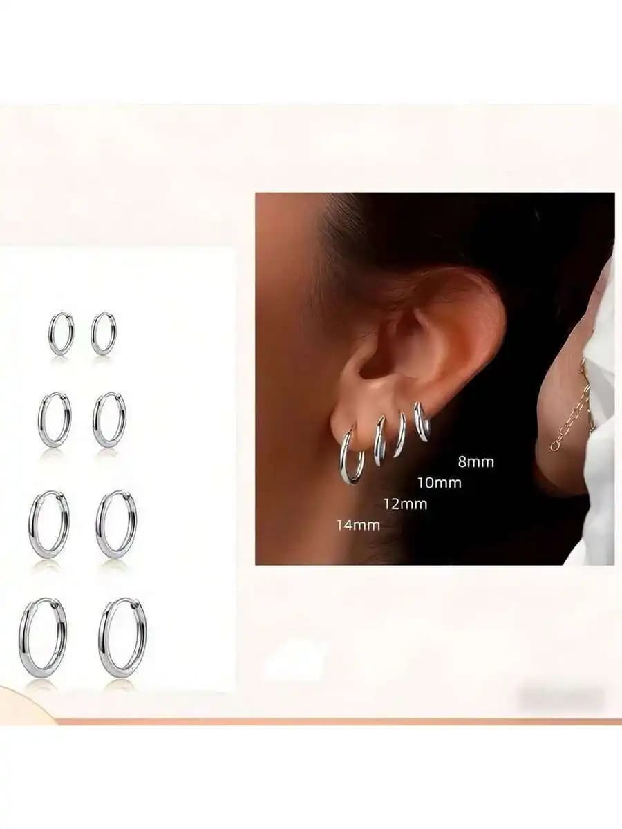 4 Pairs Hypoallergenic Hoop Earrings Set 8mm 10mm 12mm 14mm Stainless Steel Cartilage Nose Rings For Adults