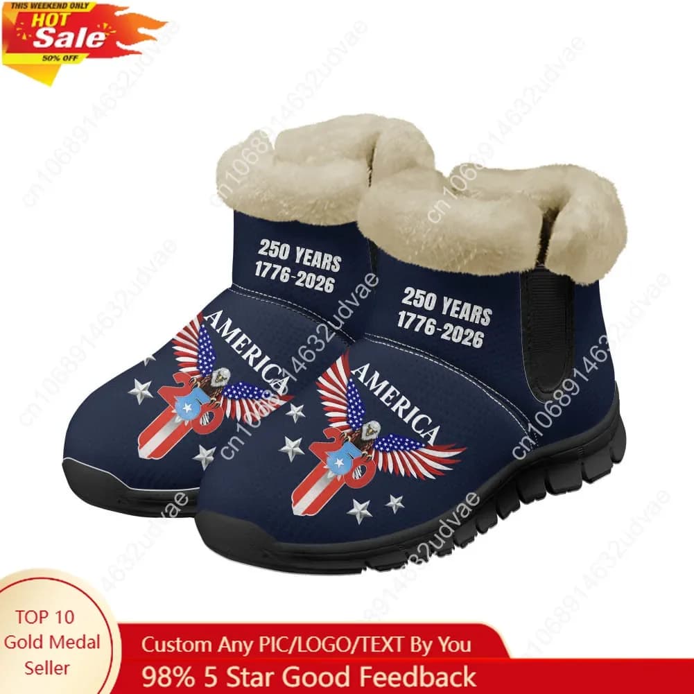 Scarpe in Peluche per il 250° Anniversario dell'America 1776-2026, Stivali Caldi per Uomo e Donna, Sneakers Casual Sportive Personalizzate Nere