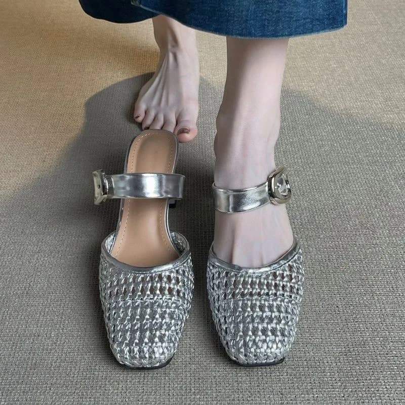 New Summer Simple Breathable Square Head Sandals Fashion Woven Hollow Belt Buckle Baotou Shoes Women High Heel Sandals Women
