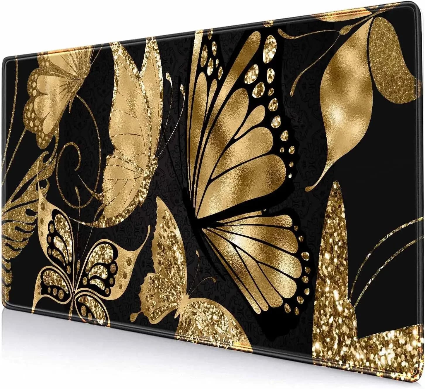 Black and gold desk mat 35,4x15,7 inch XL XXL Big mouse mat Anti-slip rubber mat Butterfly Gold Glitter Foil Art