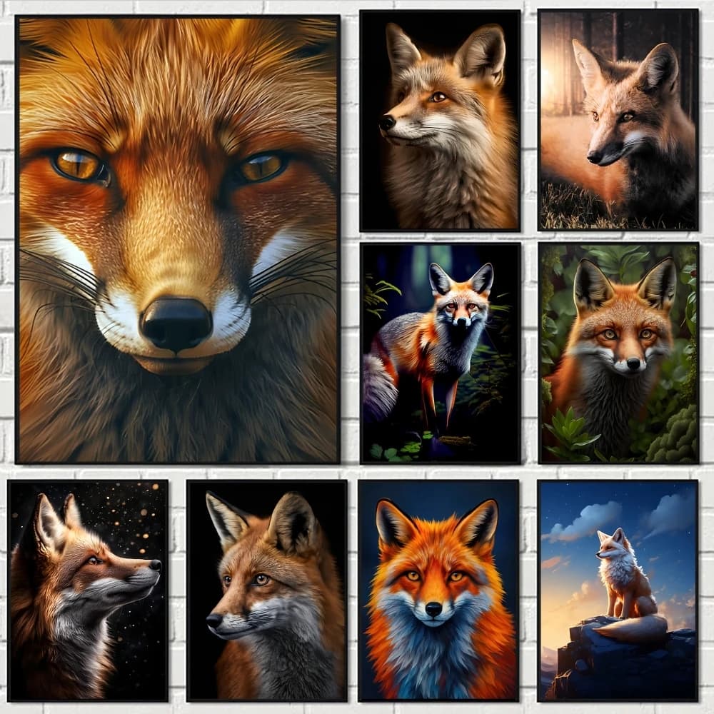 Smiling Cute Fox Painting Calligraphy Eco-Friendly Cotton Canvas Poster Waterproof Wall Art for Home & Corridor Decor Gift