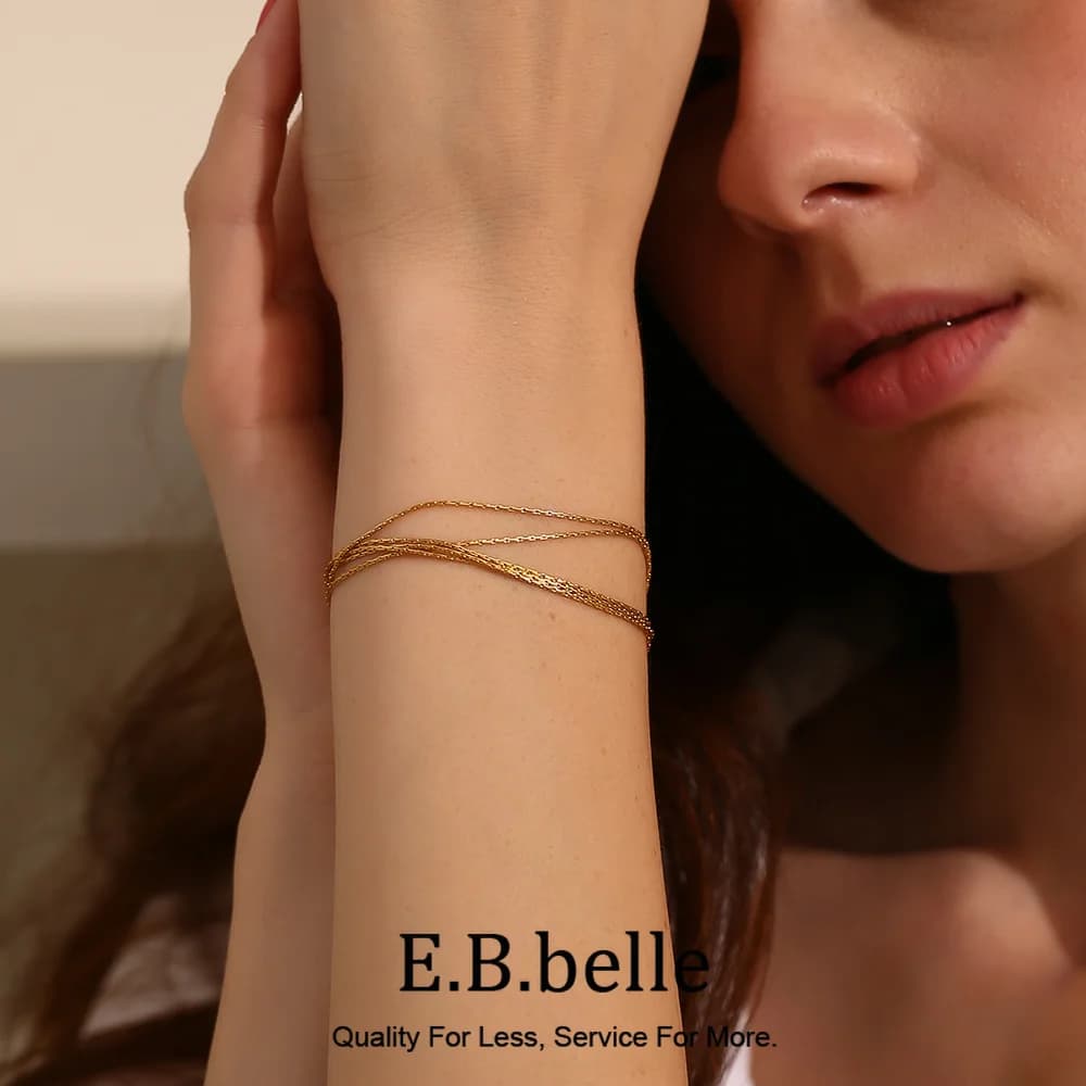 E.B.belle Five Chains Overlapping Bracelet Minimalist 18K Gold Plated Stainless Steel Bangle Hypoallergenic For Women Girls
