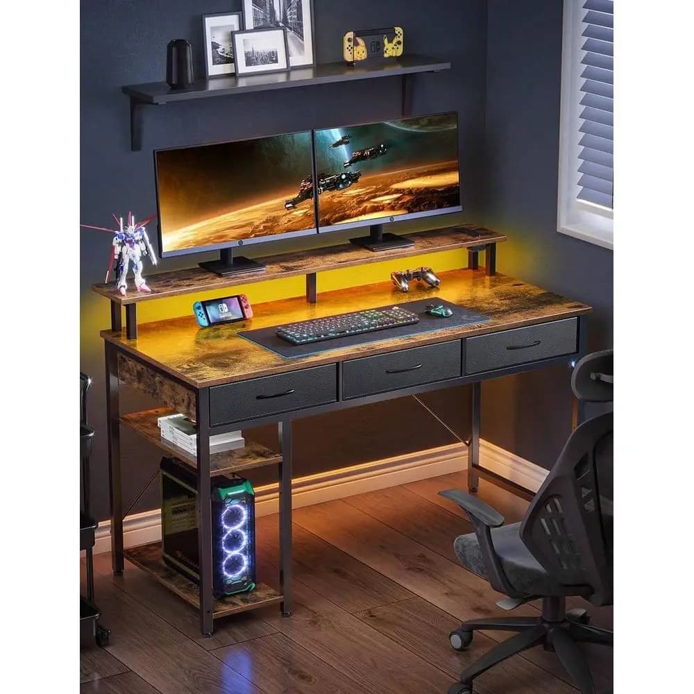 Scrivania per Computer da 39 Pollici con Luci LED e Prese di Corrente, Scrivania per Ufficio Domestico con Cassetti Portaoggetti, Postazione di Lavoro con Supporto per Monitor
