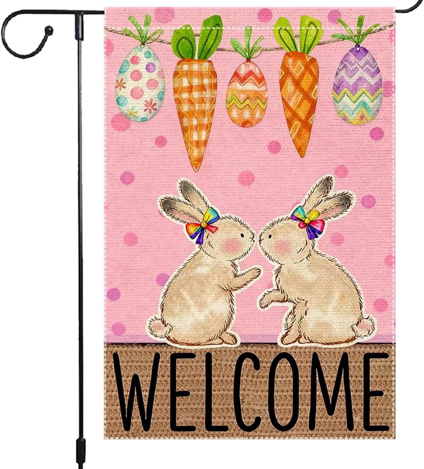 Welcome Easter Garden Flag 12x18 Inch Double Sided Burlap Flag Watercolor Bunnies Hanging Eggs Carrots Pink Polka Dot Outdoo zzo