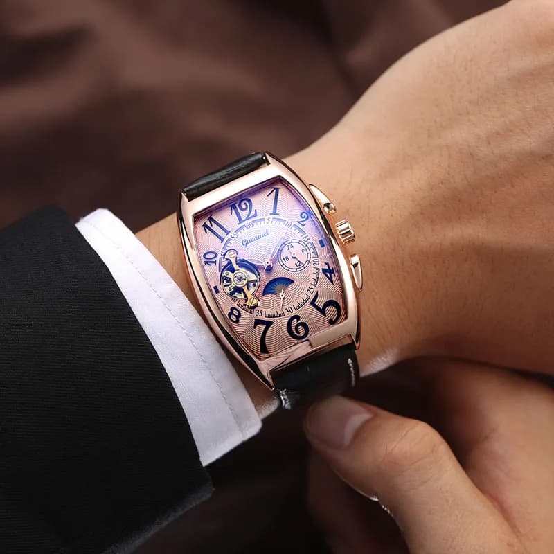Orologio meccanico automatico da uomo * Orologio da polso da lavoro di lusso con design tourbillon a forma di botte