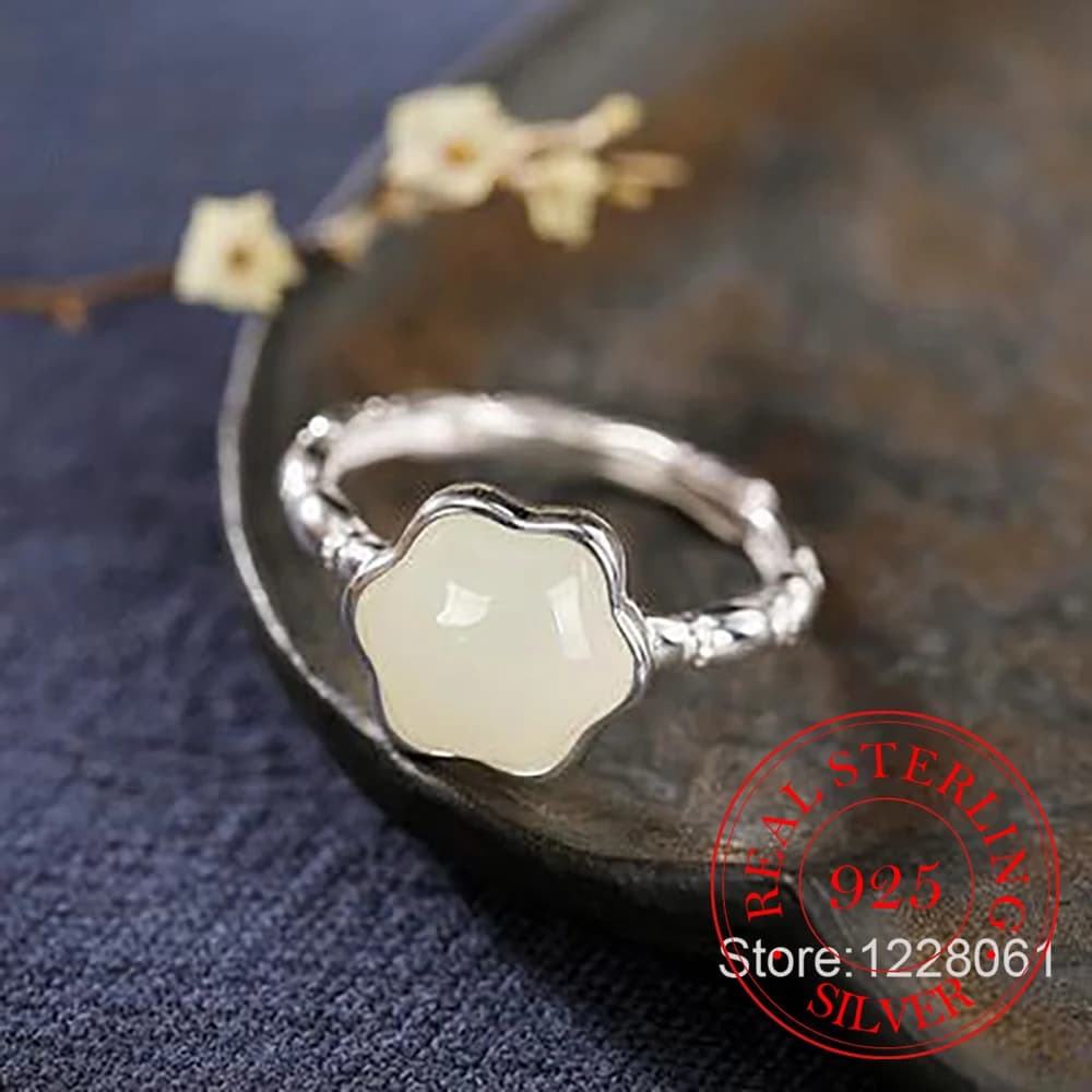 925 Sterling Silver Jewelry Natural Jade Lotus Seed Flower Finger Rings for Women Wedding Party Jewelry for Girls Friends Gift